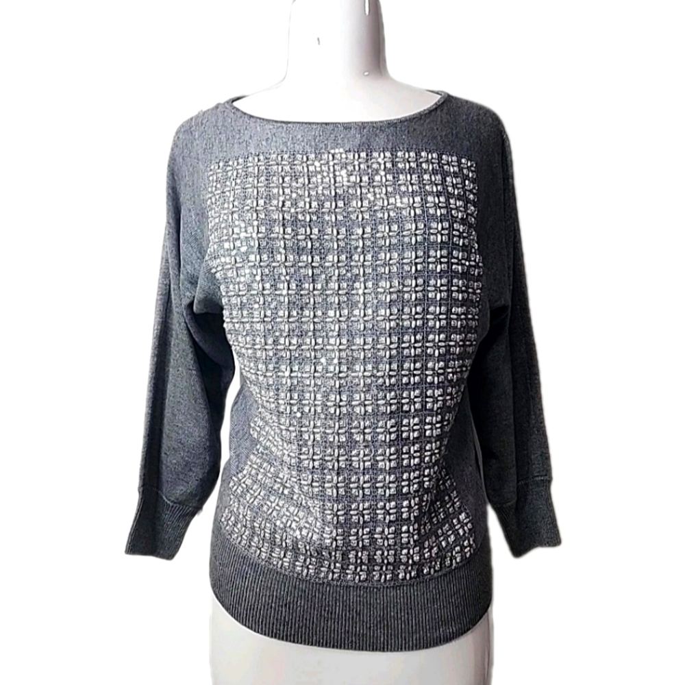 St. John Couture Women S Cashmere Wool Blend Embellished Gem Gray Blouse NWOT